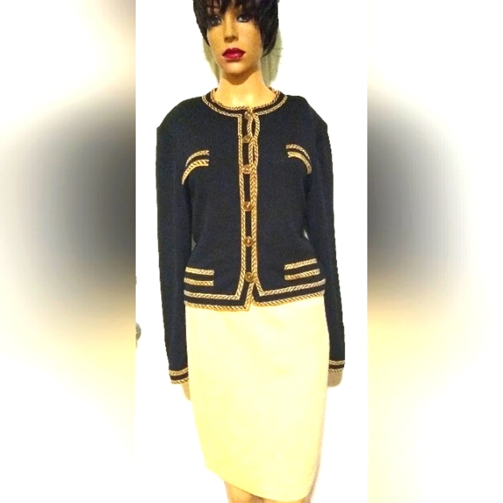 ST JOHN COLLECTIONS SZ 6 SANTANA KNIT BLACK & METALLIC TAN LOGO BUTTONS JACKET - Picture 6 of 13